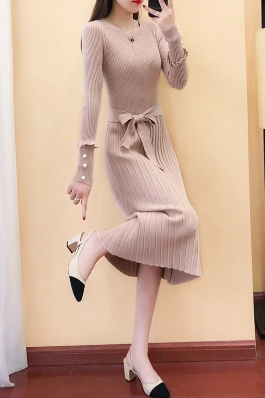 2019 осенне-зимние вязаные платья для женщин с длинным рукавом и круглым вырезом