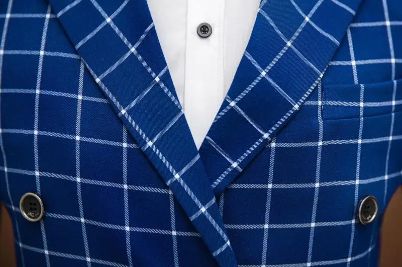 Приталенный Повседневный клетчатый двубортный костюм модные мужские костюмы на