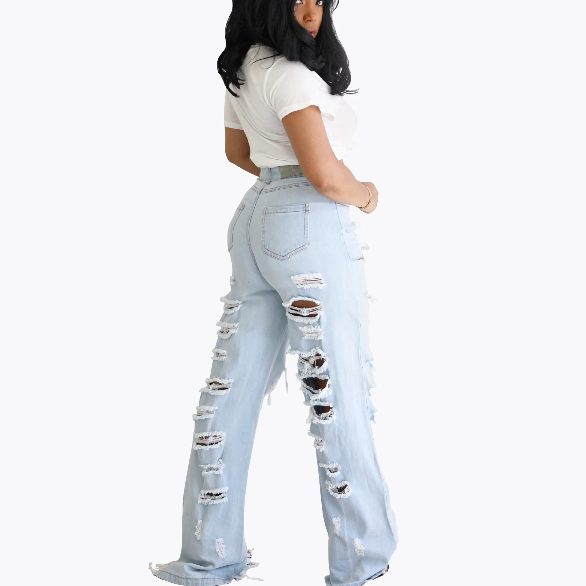Hole Fashion High Waist Women Jeans Office Aldy Solid Skinny Denim Pencil Butt Lift Sexy Pants | Женская одежда