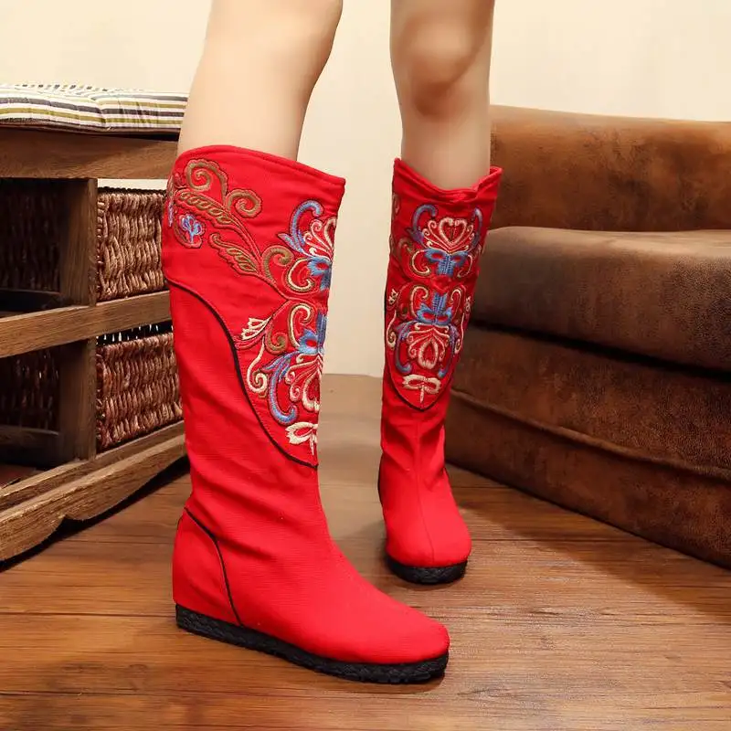 Winter Red Veowalk женские осенние ботинки ручной работы в китайском стиле парусиновая обувь на платформе с цветочной вышивкой в стиле «Старый Пекин» женские тканевые ботинки - Цвет: Winter Red