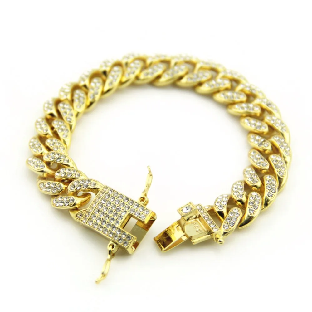 Панк Iced Out Bling Полный горный хрусталь США кубинские браслеты-цепочки 12 мм хип хоп серебряные ювелирные изделия Модные Pulseras Para Hombre