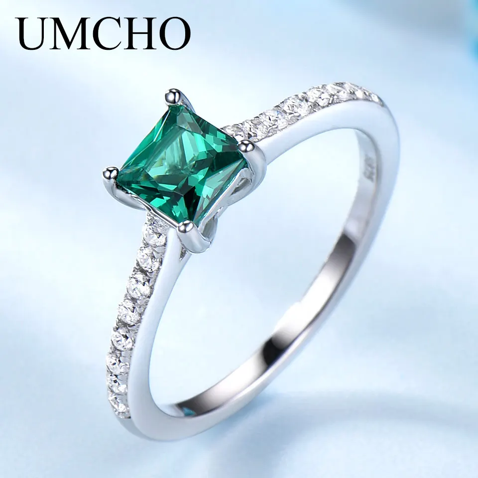 

UMCHO Solid 925 Sterling Silver Rings Created Nano Russian Emerald Fine Jewelry Rings Romantic Wedding Band Gift For Women