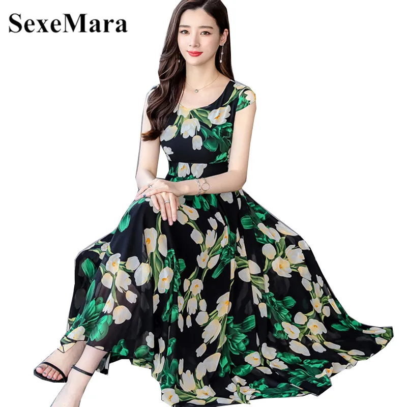 Женское длинное шифоновое платье с круглым вырезом и леопардовым принтом