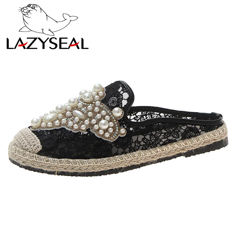 LazySeal/летние женские лоферы с круглым носком; Espadrilles; обувь из сетчатого материала с перламутровым верхом и кружевом; удобная женская обувь из пеньки; слипоны; zapato mujer - Цвет: Black (Slippers)