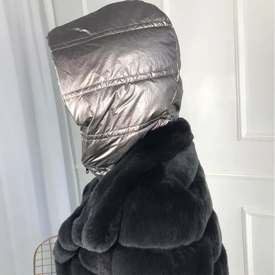 Длинная стильная модная шуба из натурального меха кролика Рекс женская одежда