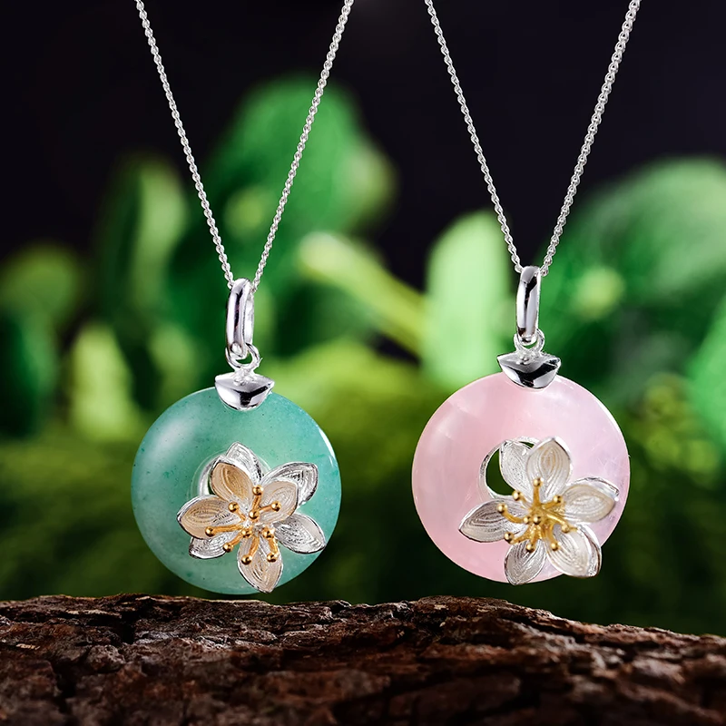 Lotus весело натуральная 925 пробы серебряные подвески для Для женщин круглый зеленый авантюрин серебряный брелок с цветами без Цепочки и ожерелья для девочек Gits