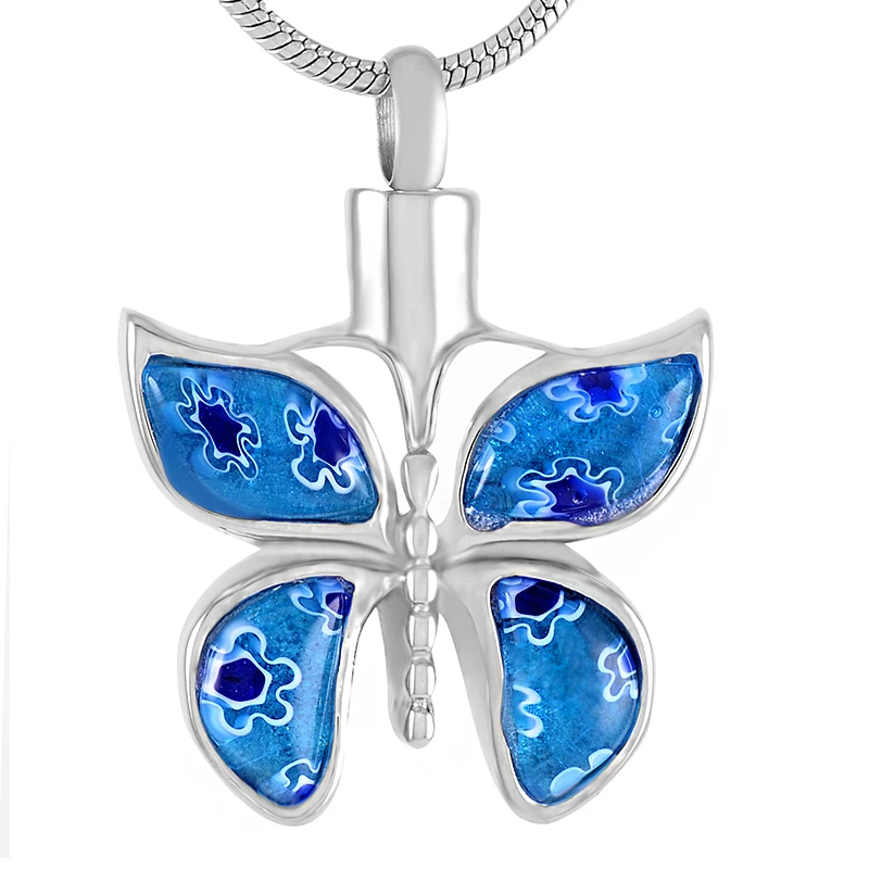 

IJD9526 Beautiful Murano Glass Butterfly Cremation Jewelry For Pet Ashes - Engravable Stainless Steel Memorial Urn Necklace