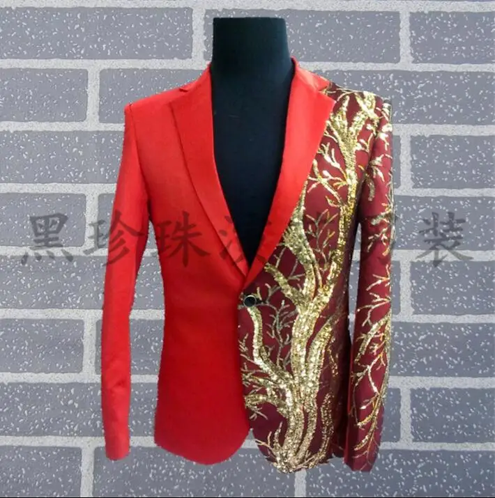 Red men suits designs masculino homme terno stage costumes for singers men sequin blazer dance clothes jacket style dress rock