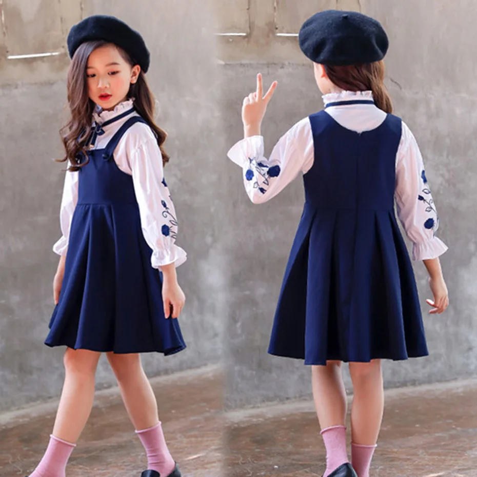 Комплект одежды для девочек белая блузка + однотонное платье комплект школьной