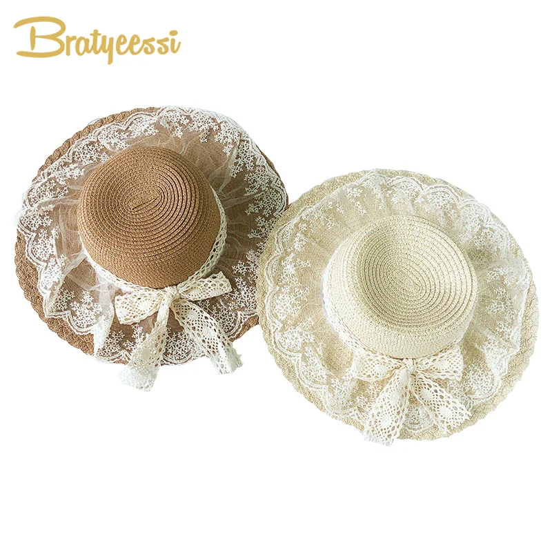 Lace Princess Panama Children Hats Bow Beach Baby Cap for Girls Straw Girl Hat Summer Kids Caps 1PC | Детская одежда и обувь