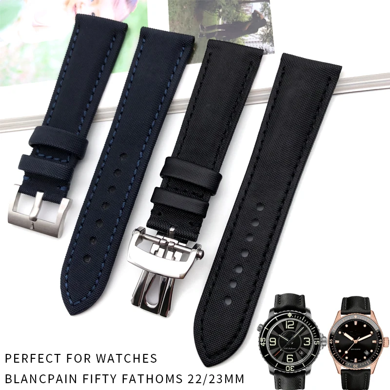 

23mm Weaving Nylon Cowhide Watch Strap Folding Buckle Needle Buckle Sport Watchband Suitable for Blancpain Fifty Fathoms Watch