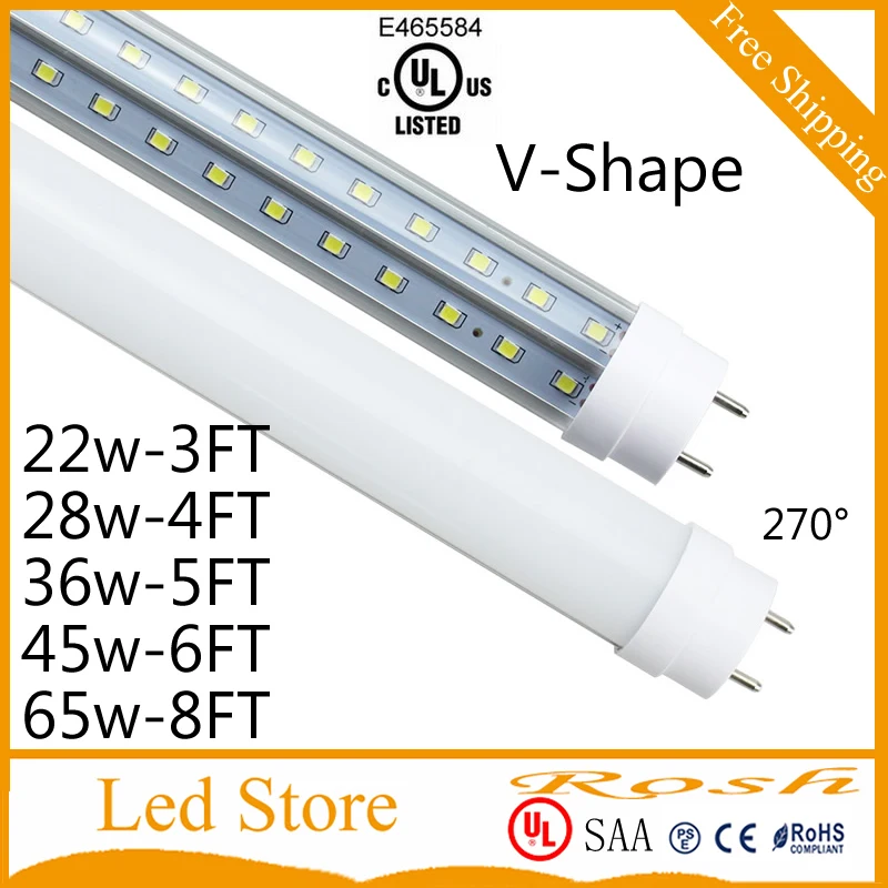 V Shape 3ft 4ft 5ft 6ft 8ft светодиодные трубки T8 65w лампы с двойными сторонами SMD2835