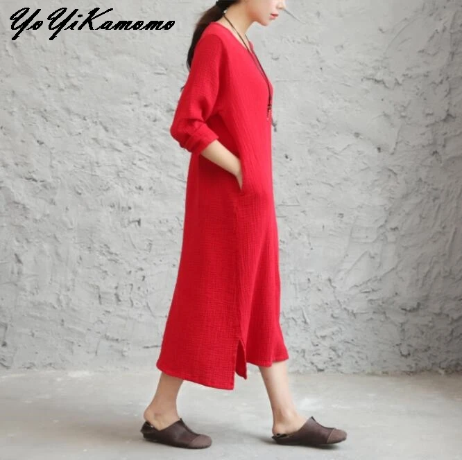 Женское платье YoYiKamomo хлопковое льняное с длинным рукавом|linen dresses women|linen dresscotton linen