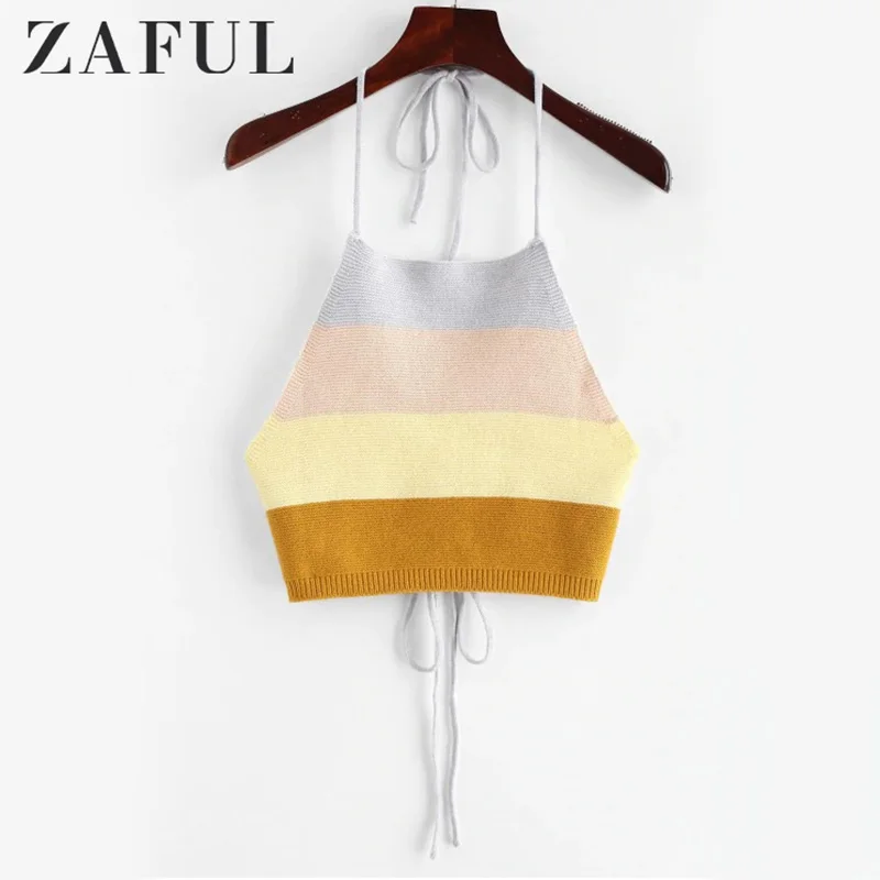 ZAFUL майки зеленые сексуальные хип-хоп офисные женские уличные тонкие цветные блоки Холтер женские белые модные красные элегантные Короткие топы