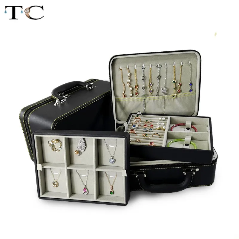 

3 Layers Jewelry Storage Box Zipper Bag Large Capacity Multilayer Lock Earrings Necklace Receive Case Jewelry Boxes