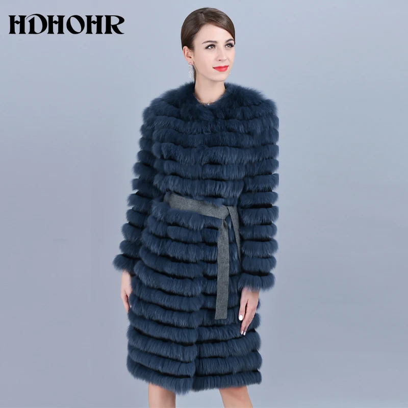 HDHOHR 2023 New Real Fox Fur Coat Women Natural Fox Fur Coat With Belt Fashion High Quality Long Strip Jackets Lady Fox Fur Coat