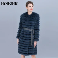 hdhohr 2022 new real fox fur coat women natural fox fur coat with belt fashion high quality long strip jackets lady fox fur coat