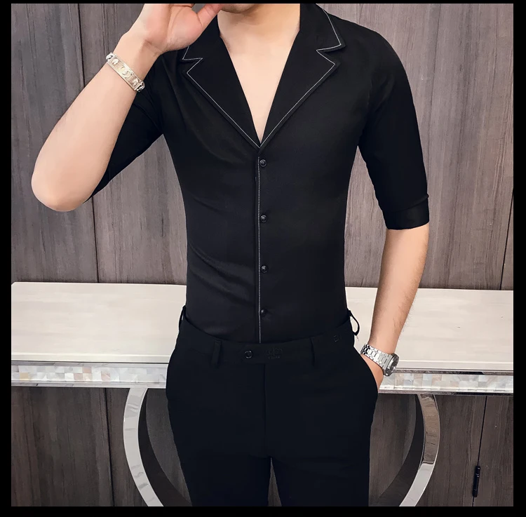 Solid Color Seven-quarter Sleeve Shirt Man Kemeja Pria Camisa Masculina Suit Collar Casual Style Half Sleeve Mens Camisa Hombre