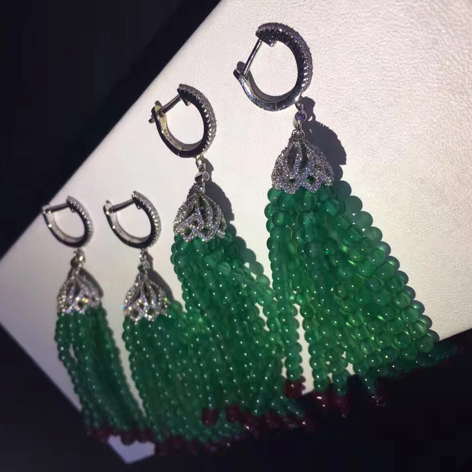 Серьги-подвески с кисточками Chrysoprase из стерлингового серебра S925 пробы блестящие