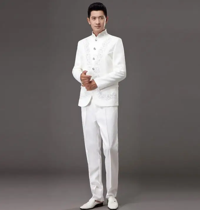 Мужской костюм с вышивкой белый приталенный китайский туника воротником стойкой