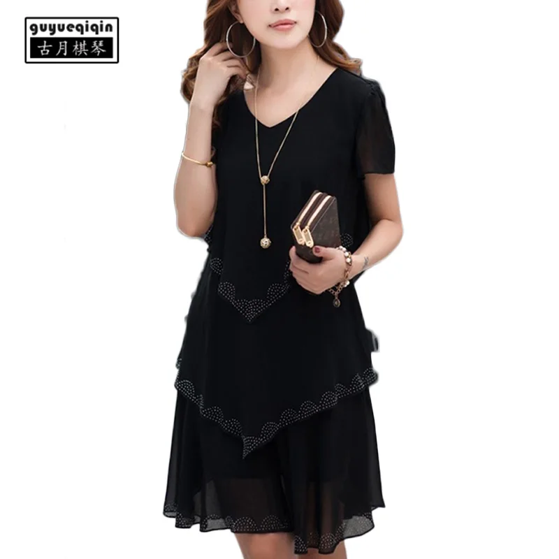 Women Summer Chiffon Dress 2018 Cascading Ruffle Large Size Korean Slim Short Sleeve V-neck Plus 5XL Blue Black Dresses | Женские платья