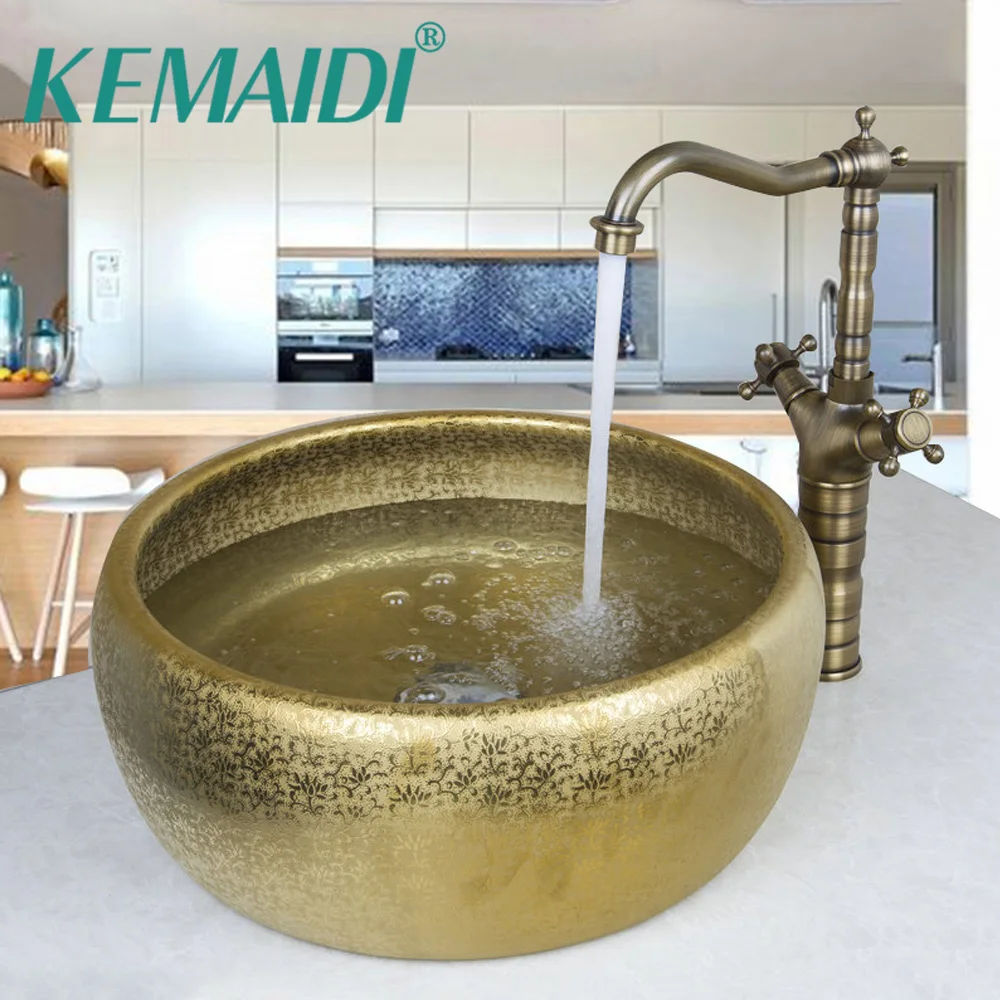 Роскошный круглый кран KEMAIDI для ванной комнаты античная золотая чаша | Раковины для ванной -32821387125