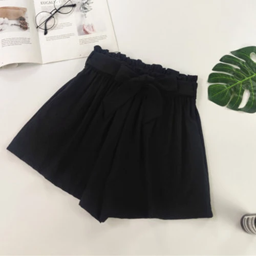 Черный TIGENA Summer Cool High Waist Shorts Women Korean Bow Belt Elastic Waist Loose Shorts Female Pink Short Pants Ladies - Цвет: Черный
