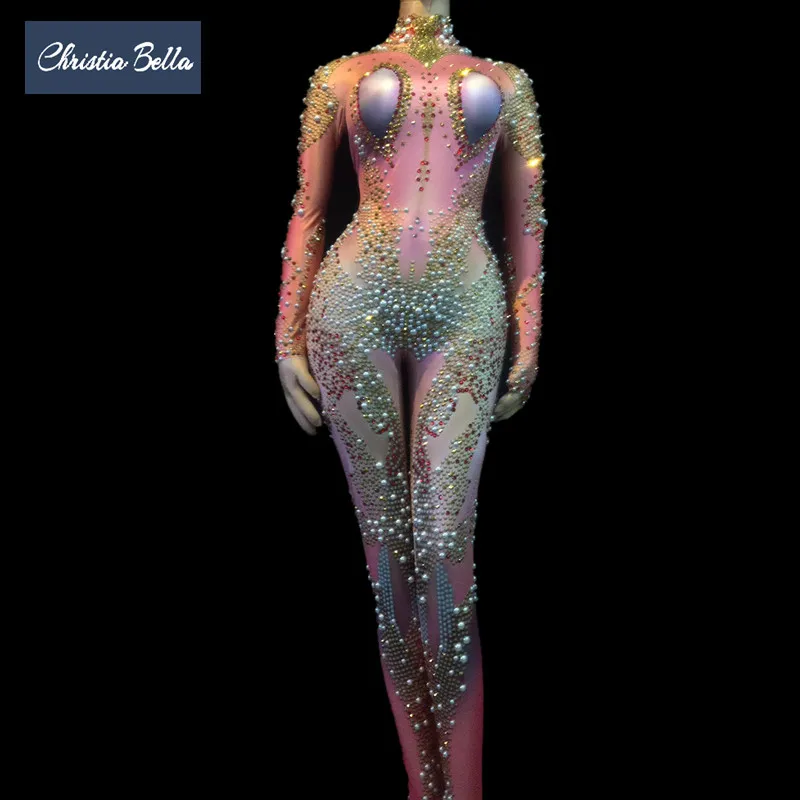 Sexy Printing Stretch Jumpsuit Women Rhinestones Bodysuit Club Bar Singer Dancer Costumes Party Performance Outfits Stage Wear