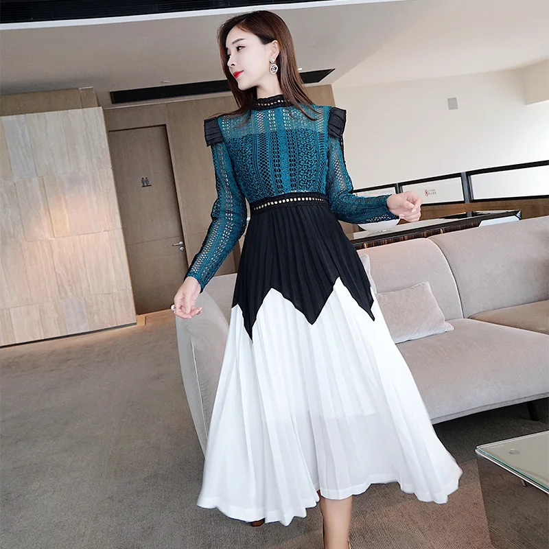 Autumn Self Portrait Lace Dress Runway Women Chiffon Patchwork Long Sleeve Pleated Sexy Crochet Hollow Out Party Dresses | Женская