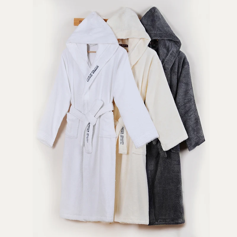 Men's Robe Winter Hooded Thick Cotton Long Bathrobe Women Male Plsu size XXL Warm Kinmono Bathrobes Comfort Gray White Bath Robe