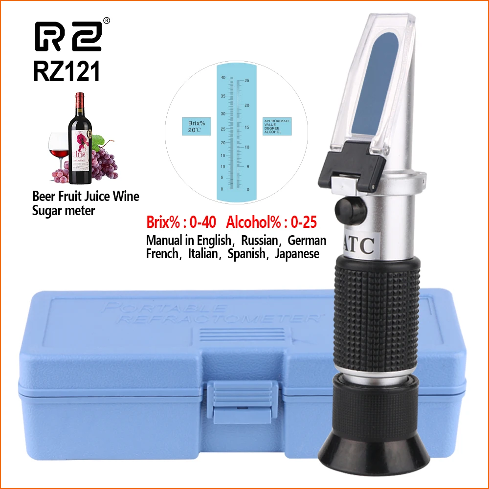 

RZ Refractometer Concentration 0~40% Brix 0~25% Alcohol Specific Gravity Beer Fruit Wine Hangheld Sugar Meter Auto Refractometer