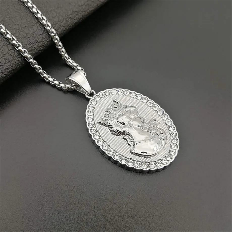 

Hip Hop Iced Out Victorian Court Beauty Head Pendant Necklace Gold Silver Color Stainless Steel Oval Necklace For Women Jewelry