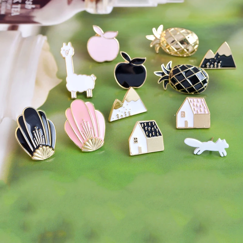 12 шт./компл. Альпака цветы Снежная гора дом в форме ананаса белка apple Pin комплект значки Жесткий Эмаль на булавке брошь на застежке