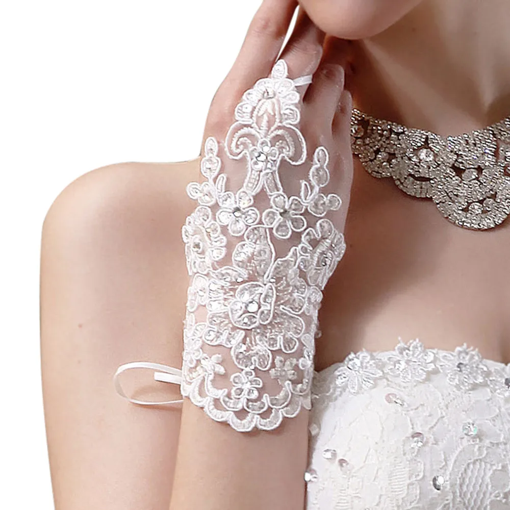 

Girl Female Solid Woolen Gloves WarmHot Selling Bride Party Dress Fingerless Rhinestone Lace Satin GlovesY418