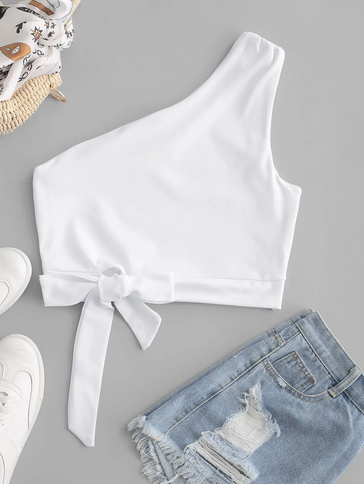 ZAFUL Одно Плечо Узелок Твердые Майка Женщины Повседневная Короткая Рубашка