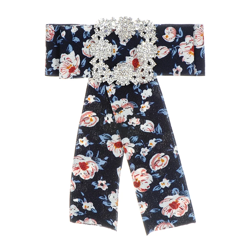 ZHINI Fashion Design Printed Floral Fabric Ribbon Bows Brooches High Quality Big Neckties Bow knot Pins Crystal Jewelry | Украшения и