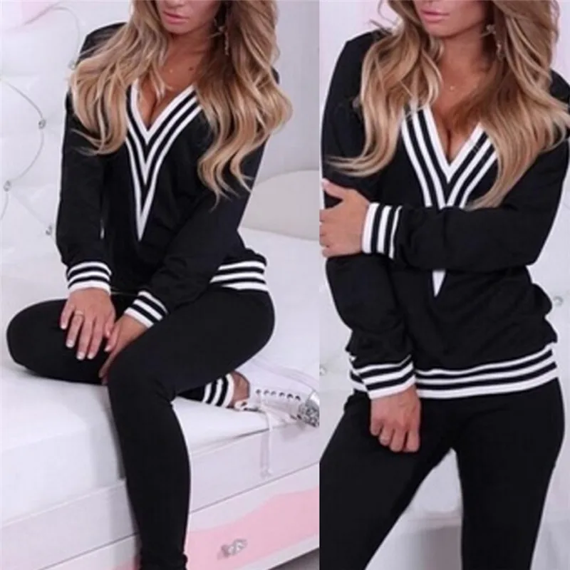 

Fashion Female Fitness Wear Womens TrackSuit With Hood Black Long Sleeve Crop Top And Legging Pants 2 Piece Set