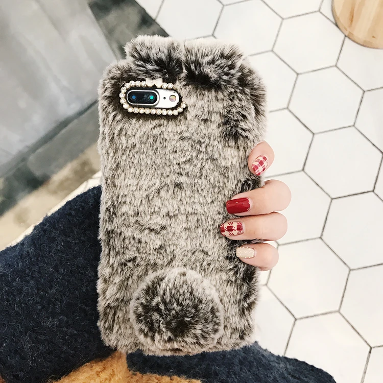 For iPhone 7 8 Xr phone case 3D Cute Rabbit Hairy Warm Fur Cover for 5S 6S Xs MAX Bling Rhinestone Plush Bunny Girls |