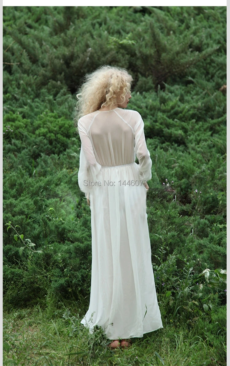 New 2015 Sexy Women Long Sleeve White Chiffon BOHO MAXI Dress Party Beach Prom V neck Lantern Solid Dresses Hot | Женская одежда
