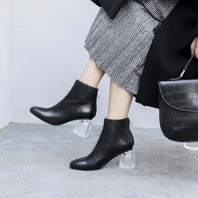 

ISNOM Transparent Unusual High Heels Women Boots Square Toe Footwear Ankle Female Boot Genuine Leather Shoes Woman 2018 Winter