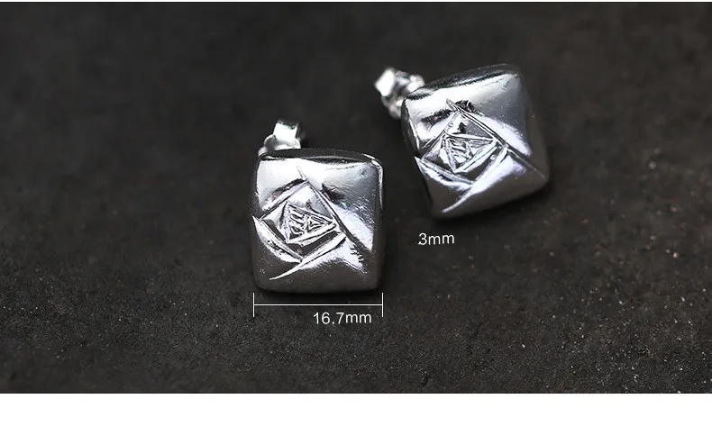 Uglyless Real S 990 Silver Square Studs for Women Handmade Engraved Rose Flower Stud Earrings MINI Size Geometric Brincos Bijoux | Украшения
