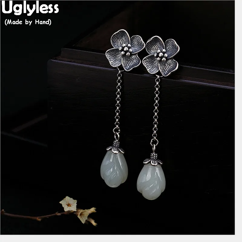 

Uglyless Vintage Thai Silver Earrings for Women Handmade Flower Earrings Solid 925 Silver Fine Jewelry Natural White Jade Bijoux