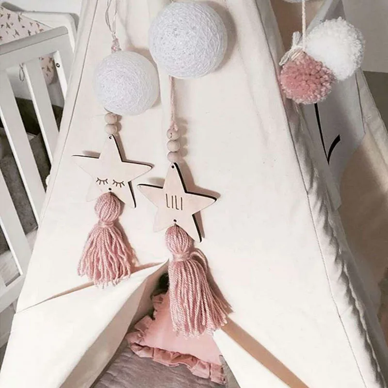 

Cute Rabbit Cartoon Hanging Decorations Wooden Bead Tassel Ornaments For Children's Room Wall Decoration Stars 3Pcs