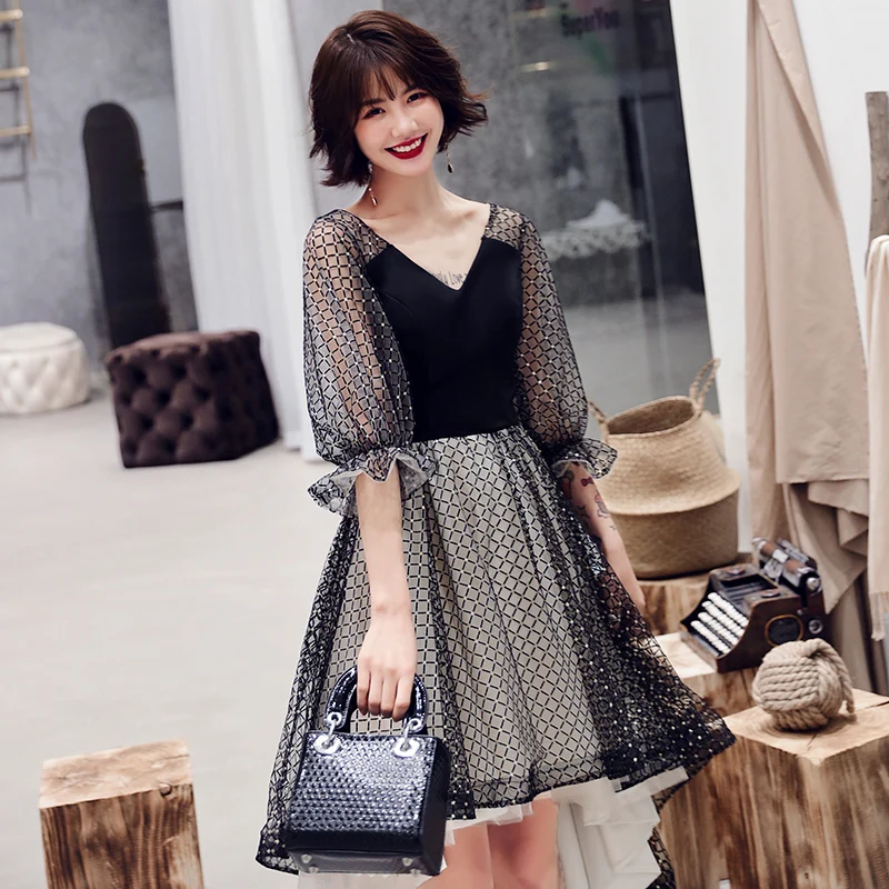 Черные Лоскутные женские вечерние платья Qipao с рукавами-фонариками, сексуальное Новое Элегантное женское платье De Soiree, асимметричное перспективное платье