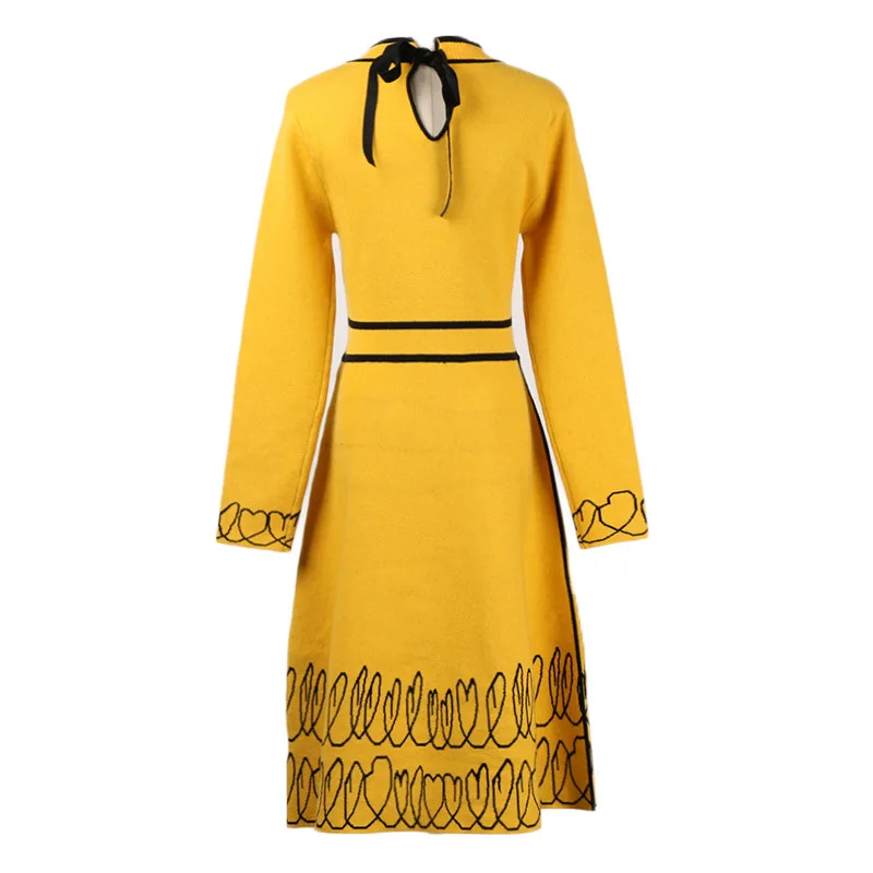 Knitted Winter Dress Women 2018 Long Sleeve Heart Print Yellow Sweater Knee-Length A Line Tunic New Year's Jurken | Женская одежда