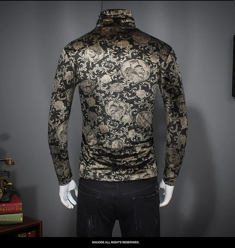 Цветочный узор Пейсли Золотая Бархатная футболка для мужчин Slim Fit с длинным рукавом черепаха шеи 5xl роскошный барокко Золотой Бархат под футболкой для мужчин