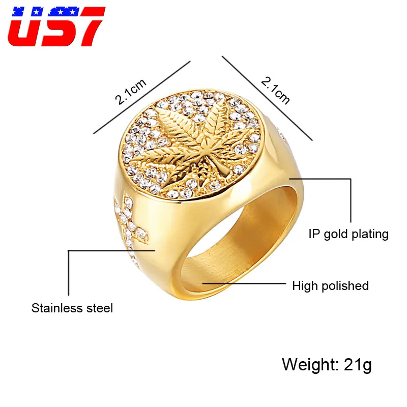 US7, нержавеющая сталь, Iced Out, рэппер, сорняки, клен, кольца, крест, циркон, микро проложили, перстень RSV, кольцо для мужчин, хип-хоп, свадебные украшения - Цвет основного камня: Gold