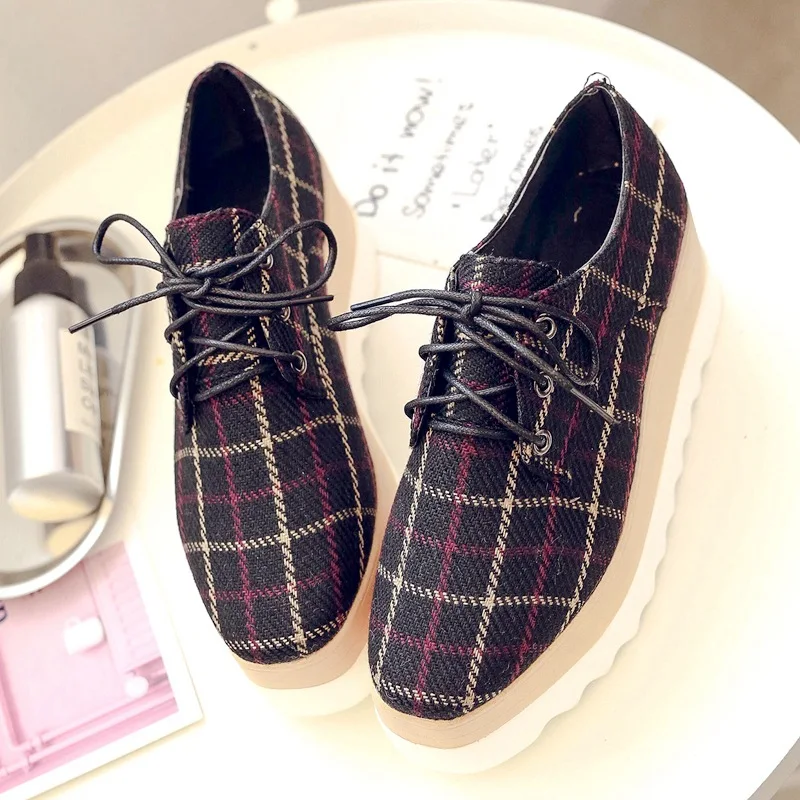 

XDA New 2019 Women Platform Shoes Oxfords Brogue Cotton Fabric Flats Lace Up Shoes Creepers Vintage Gingham Casual single Shoes