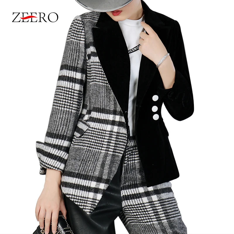 Женский шерстяной клетчатый Блейзер асимметричный блейзер с длинным рукавом