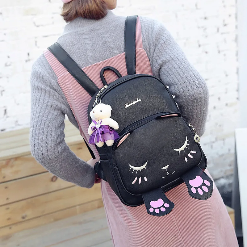 Flyone Горячая искусственная кожа Мода милый кот рюкзак черный элегантный дизайн